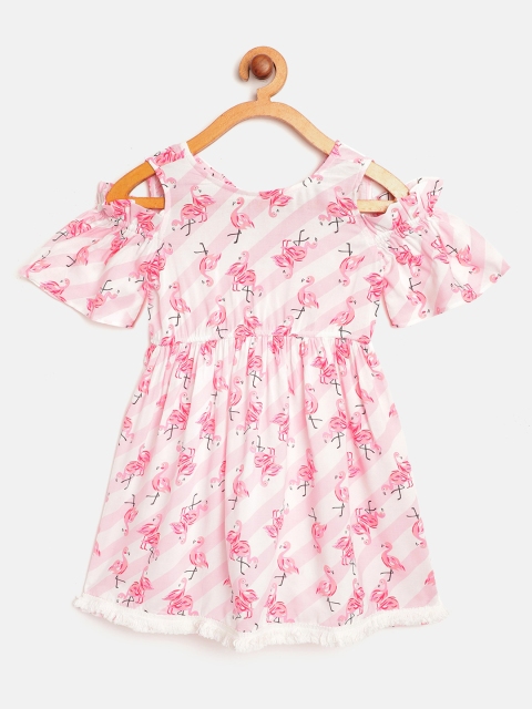 

pspeaches Girls Pink & White Flamingo Print Cold-Shoulder A-Line Dress