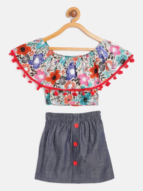 

pspeaches Girls Beige & Charcoal Grey Floral Print Off-Shoulder Top with Self Design Skirt