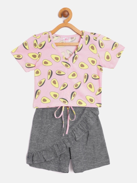 

pspeaches Girls Pink & Charcoal Grey Avocado Print T-shirt with Self Design Skorts