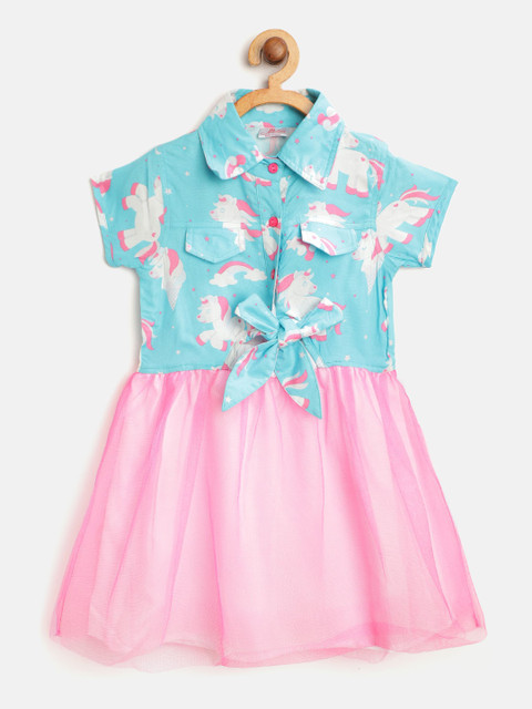 

pspeaches Girls Blue & Pink Unicorn Print & Colourblocked Cotton Fit and Flare Dress