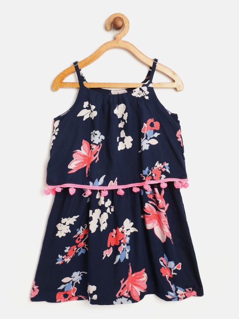 

pspeaches Girls Navy Blue & Off-White Floral Print Layered A-Line Dress