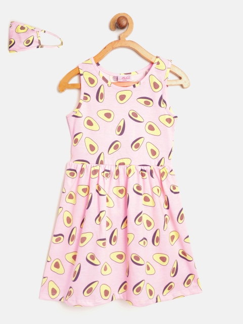 

pspeaches Girls Pink & Yellow Cotton Avocado Print A-Line Dress with Mask