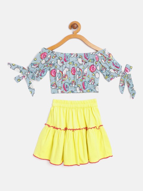 

pspeaches Girls Blue & Yellow Printed Top with Solid Skirt