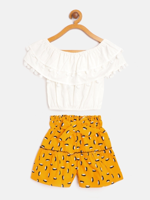 

pspeaches Girls White & Mustard Solid Off-Shoulder Top with Penguin Print Shorts