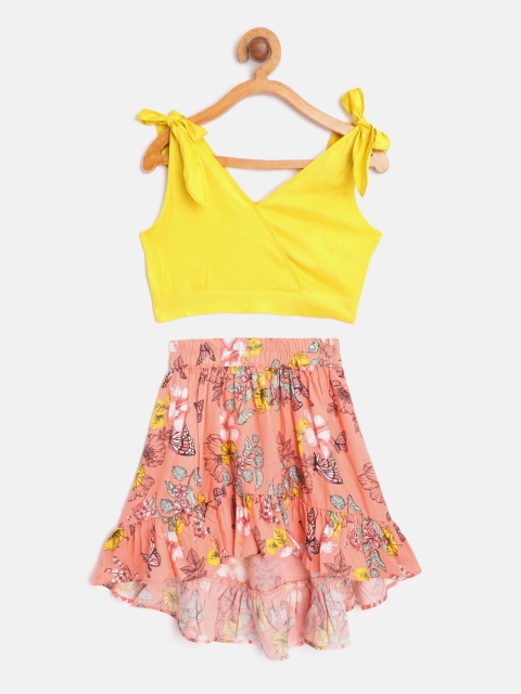 

pspeaches Girls Yellow & Peach-Coloured Solid Top with Floral Print High-Low Skirt