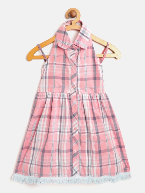 

pspeaches Girls Pink & Blue Checked A-Line Dress with Gathers