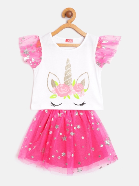 

pspeaches Girls White & Pink Printed Top with Skirt