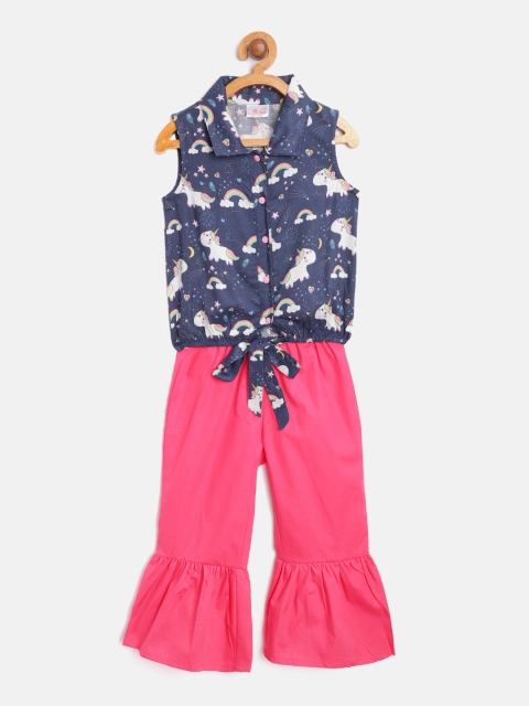 

pspeaches Girls Navy Blue & Pink Printed Shirt with Solid Sharara