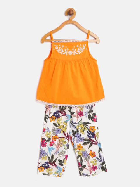 

pspeaches Girls Mustard Yellow & White Embroidered Top with Floral Print Trousers