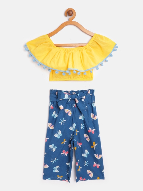 

pspeaches Girls Yellow & Blue Solid Top with Printed Trousers