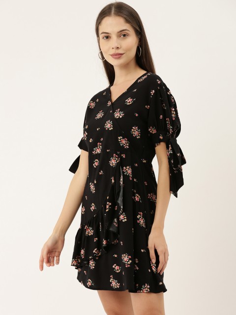 

The Dry State Women Black & Pink Floral Printed Ruffled A-Line Dress