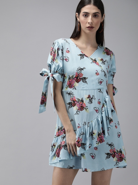 

The Dry State Women Blue & Red Floral Printed Ruffled Wrap Dress