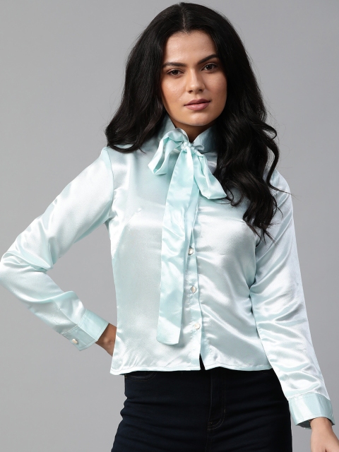

ATRAENTA Women Blue Slim Fit Solid Satin Casual Shirt With Tie-Ups