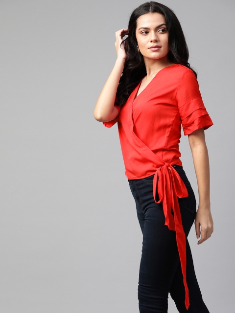 

ATRAENTA Red Flared Sleeves Wrap Top