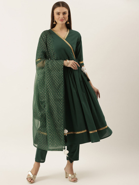 

Lavanya The Label Women Green Solid Angrakha Kurta with Trousers & Dupatta