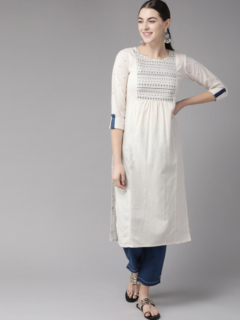 

Yufta Women Off-White & Teal Blue Embroidered Kurta with Trousers