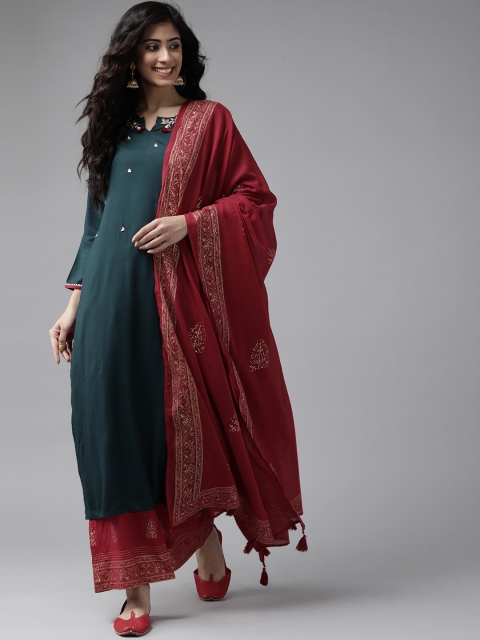 

Yufta Women Teal Green & Maroon Embroidered Kurta with Palazzos & Dupatta