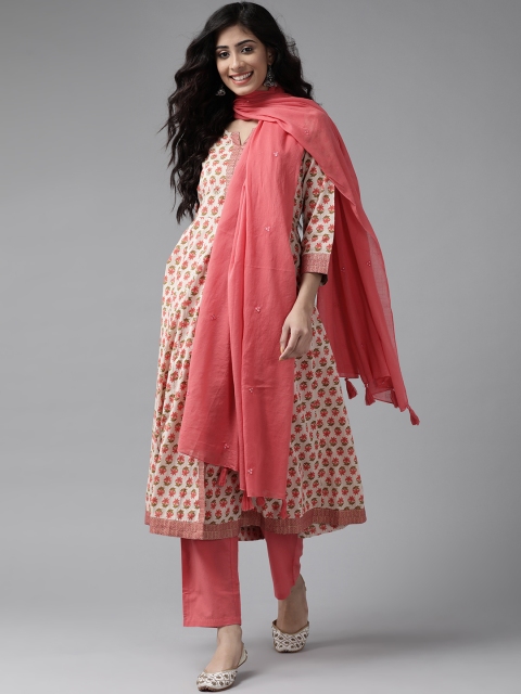 

Yufta Women Beige & Peach-Coloured Hand Block Printed Kurta with Trousers & Dupatta