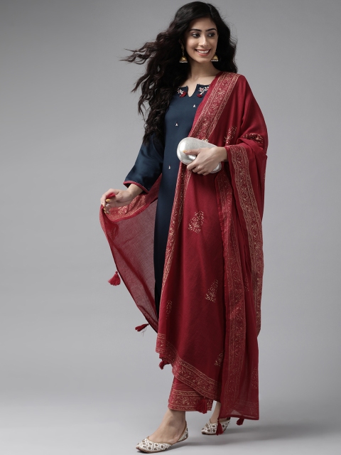 

Yufta Women Teal Blue & Maroon Embroidered Kurta with Palazzos & Dupatta