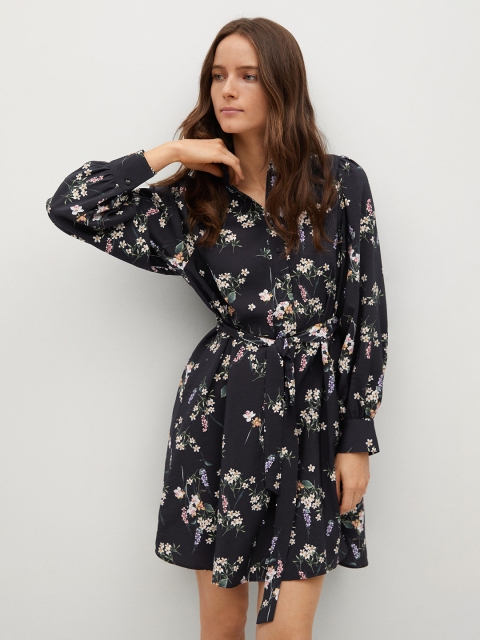 

MANGO Women Sustainable Black & Off-White Floral Print A-Line Dress