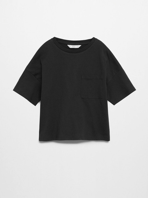 

Mango Kids Girls Black Sustainable Solid Organic Cotton Round Neck Boxy T-shirt