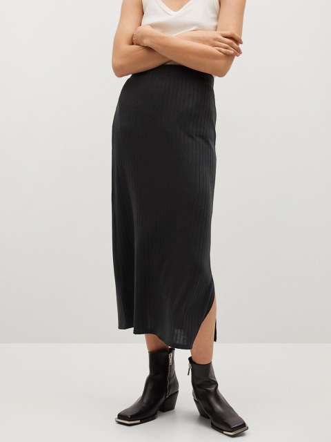 

MANGO Women Black Ribbed Knitted Side Slit Straight Midi Skirt
