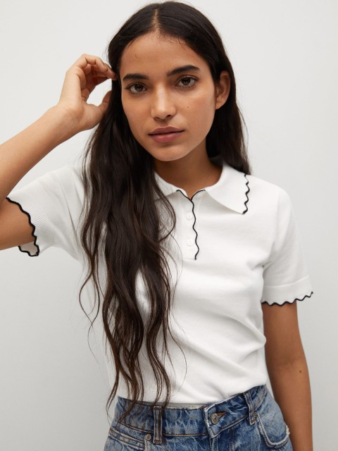 

MANGO Women White Solid Polo Collar T-shirt
