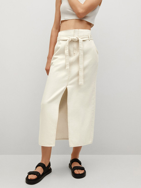 

MANGO Off-White Pure Cotton Sustainable Denim Front Slit Straight Skirt