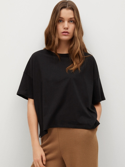 

MANGO Women Black Organic Cotton Solid Round Neck T-shirt