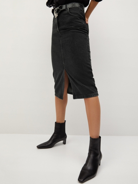 

MANGO Charcoal Grey Pure Cotton Denim Straight Skirt