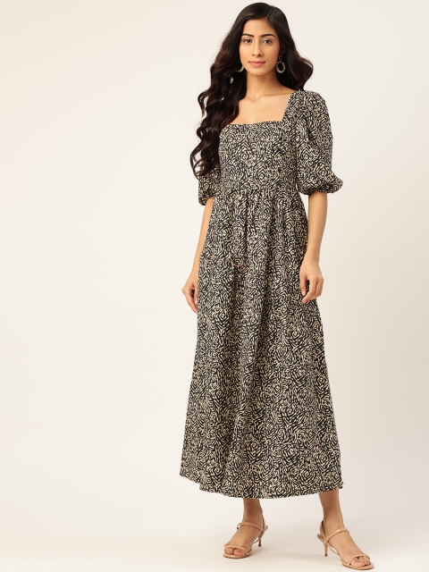 

MANGO Women Beige & Black Pure Cotton Printed Maxi Dress