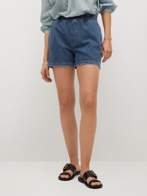 

MANGO Women Navy Blue Solid Regular Fit Cotton Denim Shorts