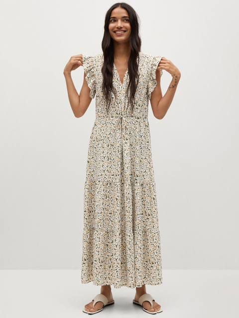 

MANGO Women Off-White & Olive Green Tiered Floral Printed Maxi Dress