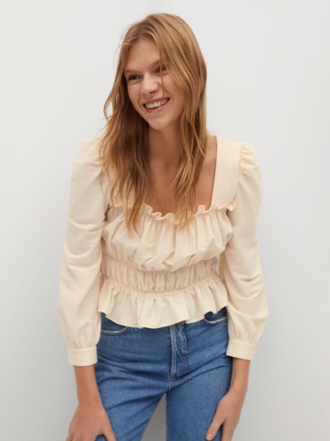 

Mango Cream-Coloured Self Design Smocked Cinched Waist Sustainable Top