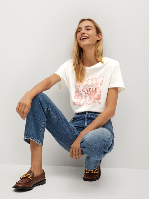 

MANGO Women White Printed Round Neck Organic Cotton T-shirt
