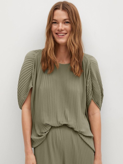 

Mango Olive Green Accordion Pleats Kaftan Top