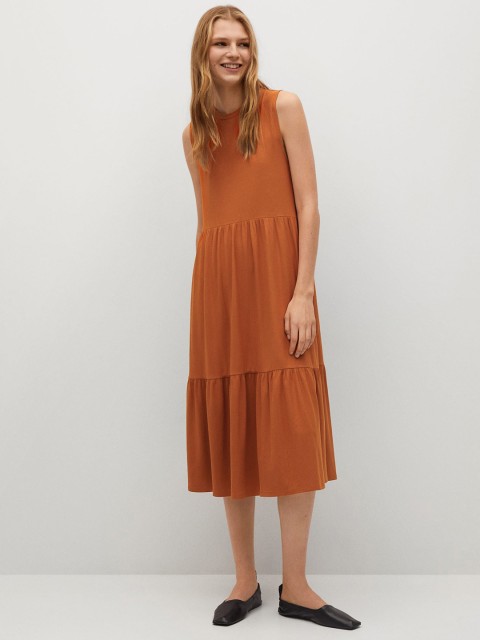 

MANGO Women Rust Brown Solid A-Line Tiered Dress