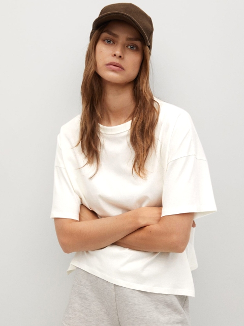 

MANGO Women White Solid Organic Cotton Round Neck T-shirt