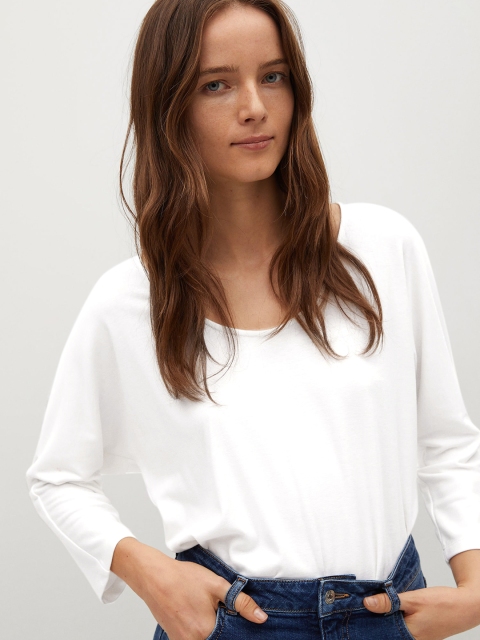 

MANGO Women White Solid Round Neck T-shirt With Drop-Shoulder Sleeves