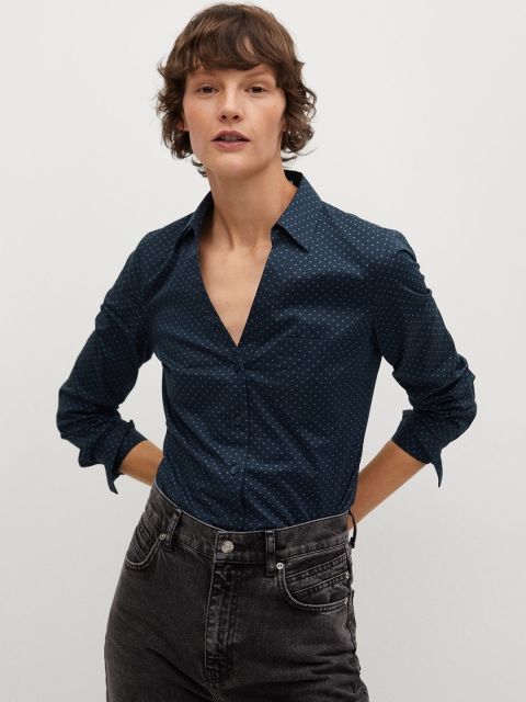 

MANGO Women Sustainable Navy Blue Regular Fit Printed Knitted Casual Shirt