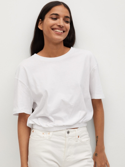 

MANGO Women White Organic Cotton Solid Blouson Top
