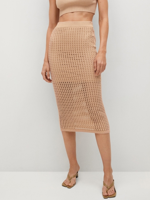 

MANGO Women Beige Self-Design Pure Cotton Semi-Sheer Midi Pencil Skirt