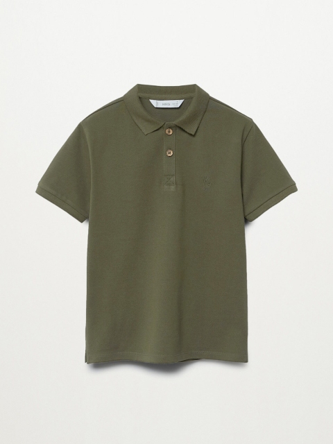 

Mango Kids Boys Olive Green Solid Organic Cotton Sustainable Polo Collar T-shirt