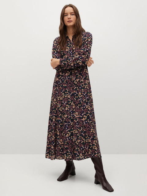 

MANGO Women Black & Pink Floral Printed A-Line Sustainable Dress
