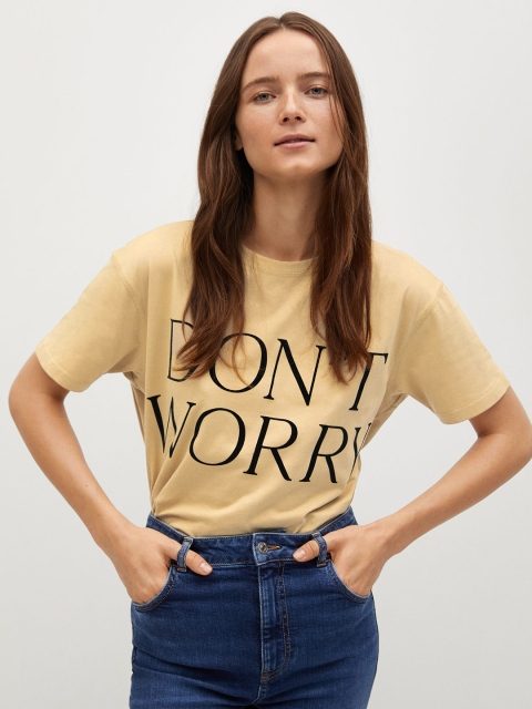 

MANGO Women Beige Organic Cotton Printed Round Neck T-shirt