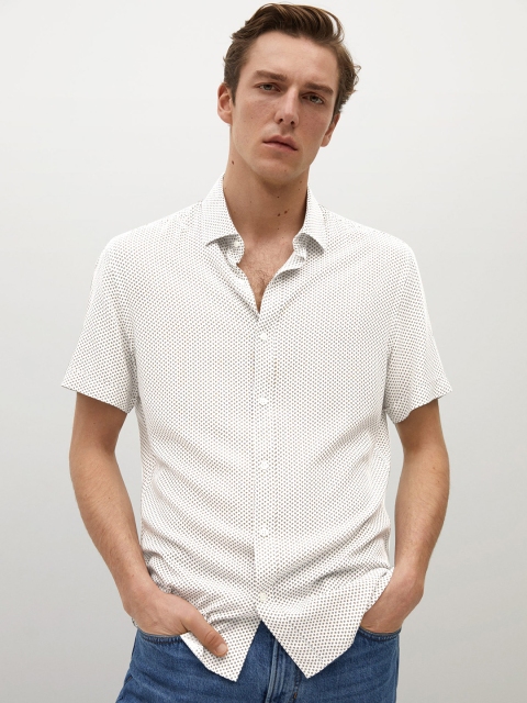 

MANGO MAN Men White & Olive Green Slim Fit Printed Casual Shirt