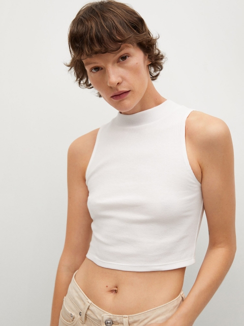 

Mango White Solid Pure Cotton Regular Crop Top