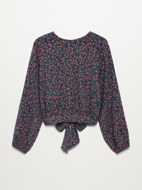 

Mango Kids Girls Navy Blue & Coral Orange Sustainable Floral Puff Sleeves Styled Back Top