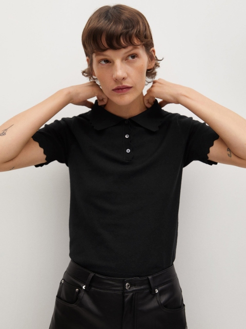 

MANGO Women Black Solid Polo Collar T-shirt