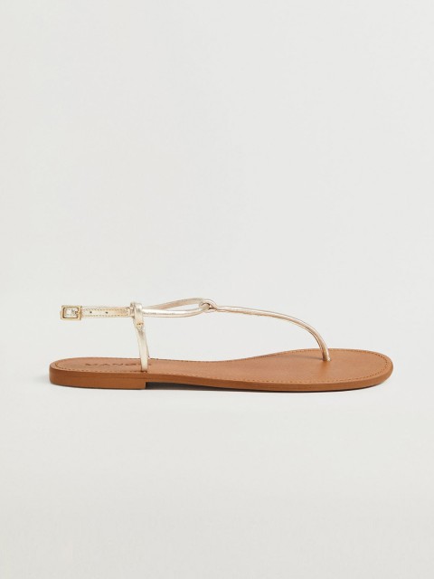 

MANGO Women Gold-Toned Solid Leather T-Strap Flats